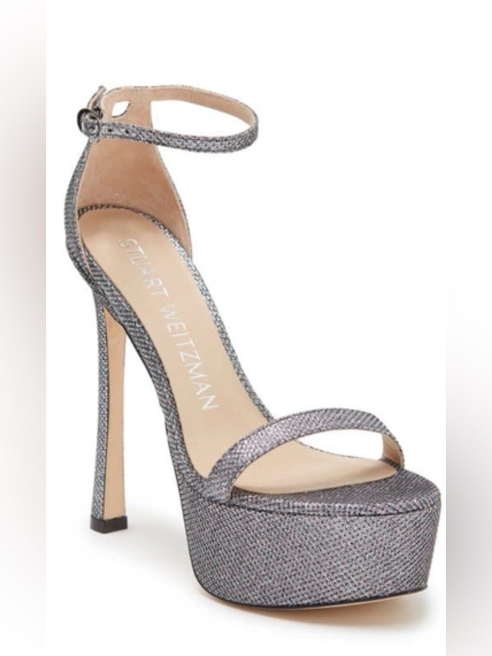 Stuart Weitzman Nudist curve Hollywood Silver Glitter Platform Ankle-Strap Heel